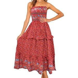 ZESICA Women's Strapless Dress Sleeveless Cottagecore Paisley Boho Beach Maxi S